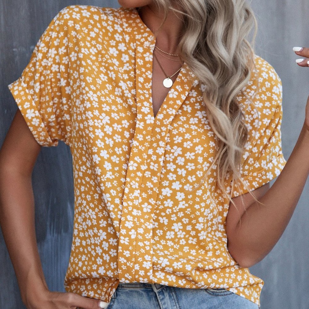 New Floral Print Batwing Sleeve Blouse Yellow - Picture 5 of 7